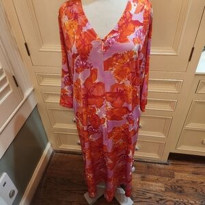 Natori Orange & Pink Full-length Sz M Caftan House Dress Gown w/ Zipper